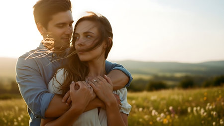 Young couple in love hugging and kissing in the field at sunset.の素材