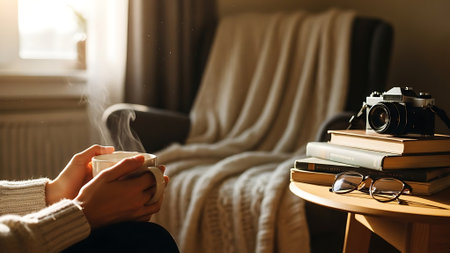 Female hands holding a cup of hot tea with books and camera on the background of the window.の素材