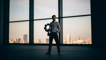 Businessman holding a wheel in the office, looking at the cityの素材