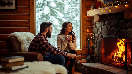 Young romantic couple sitting in front of fireplace at home in winter.の素材
