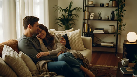 Young loving couple sitting on sofa in living room and looking at each otherの素材