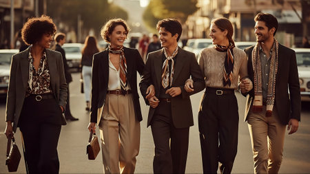 Group of young business people walking on the street. Men and women wearing formal clothes.の素材