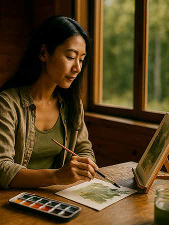 Woman writing in a notebook while seated near a window with soft natural light, reflecting creativity and calm.の素材