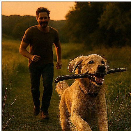 Man walking his dog through a grassy field during warm evening light, highlighting companionship and outdoor life.の素材