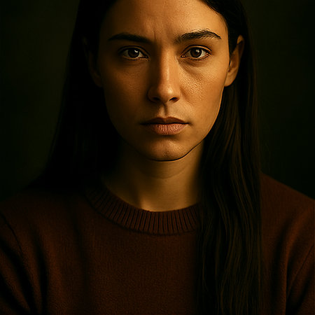 Moody portrait of a woman with a serious expression in soft indoor lighting.の素材