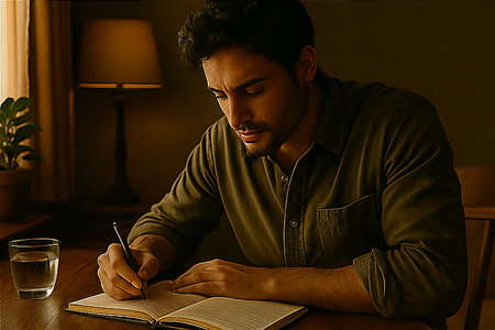 Man writing notes at a wooden table with soft lamp lighting, representing focus and planning.の素材
