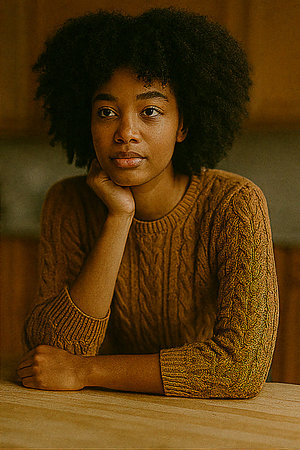 Portrait of a woman resting her chin on her hand, conveying thoughtfulness and calm emotion.の素材