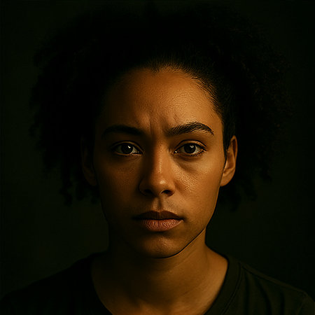 Close-up portrait of a woman with a concerned expression in low-key lighting.の素材