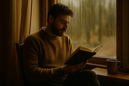 Man reading a book indoors beside a window on a rainy day, creating a cozy and reflective atmosphere.の素材