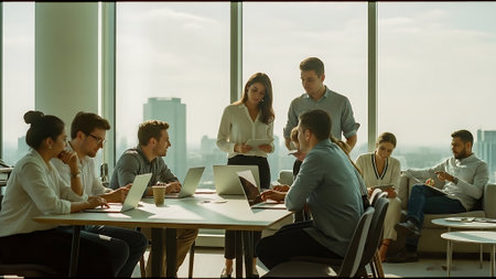 Group of a young business people discussing business plan  in the officeの素材