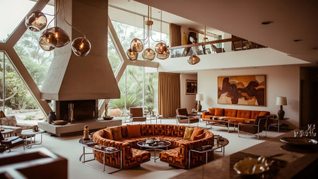 Interior of a modern hotel lobby with sofas and coffee tablesの素材