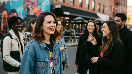 Cheerful young multiethnic women walking in the street.の素材