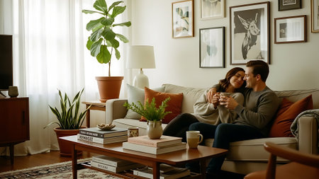 Couple sitting on sofa and drinking coffee in living room at homeの素材