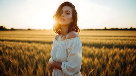 Portrait of young beautiful woman walking in the city. She is wearing a brown sweater.の素材