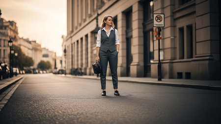 Young businesswoman walking down the street in the city. Business concept.の素材