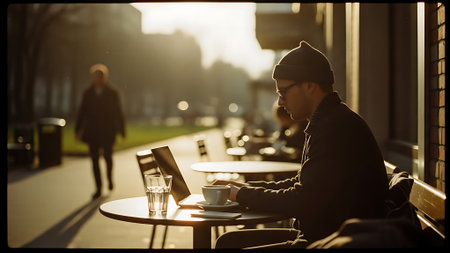 Young man drinking coffee and using laptop while sitting in a coffee shopの素材