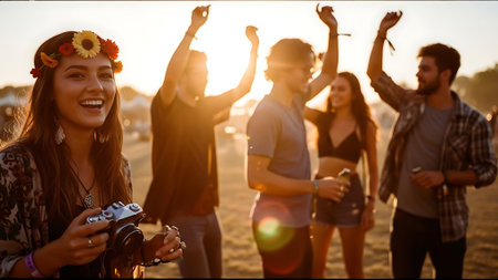 Group of friends having fun at a music festival, dancing and having funの素材