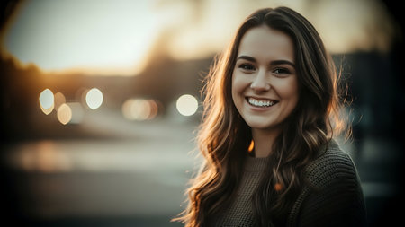 Portrait of a beautiful young woman with long wavy hair, smiling.の素材
