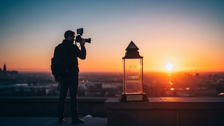 Photographer with a camera on the roof of a building at sunsetの素材