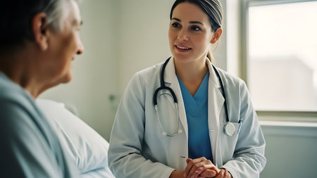 Doctor and patient discussing something while sitting at the table. Medicine and health care concept. Doctor and patientの素材