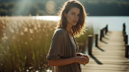 Portrait of a beautiful young woman standing on a wooden pier at sunsetの素材