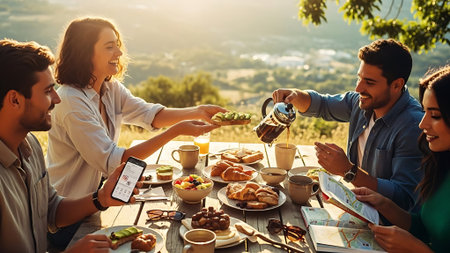 Group of friends having a picnic on the top of the mountain.の素材