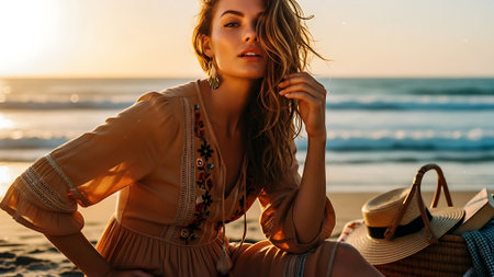 fashion outdoor photo of beautiful sensual woman with blond hair in elegant dress posing on summer beachの素材