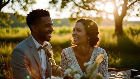 Beautiful young couple celebrating their wedding day in a summer field.の素材