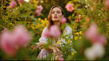 Portrait of a beautiful young woman in a blooming garden.の素材