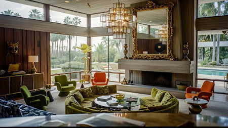 Interior of a living room with a view of the lake.の素材
