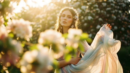 Portrait of a beautiful young woman in a spring blooming gardenの素材