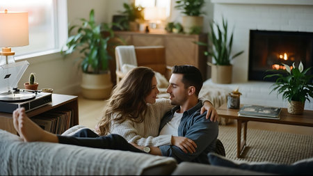 Couple in love sitting on the couch in the living room at homeの素材