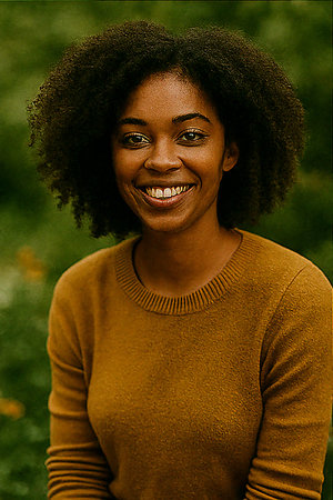 Portrait of a smiling woman in warm indoor lighting, conveying positivity and authenticity.の素材