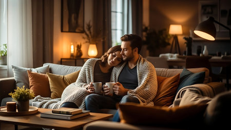 Couple in love sitting on sofa and drinking coffee in the evening at homeの素材