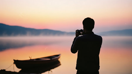 Silhouette of a man with a camera against the background of the lake at dawnの素材