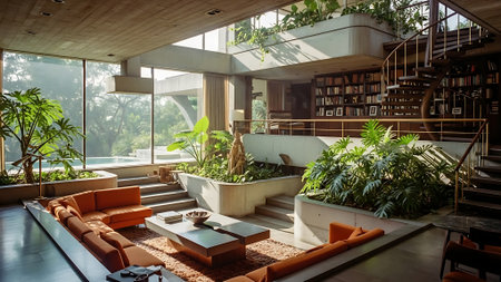 Interior of a modern living room with bookshelf and plantsの素材