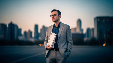 Portrait of a handsome young businessman holding a newspaper while standing on the street.の素材