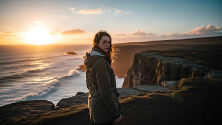 A young woman standing on a cliff with a beautiful sunset in the backgroundの素材