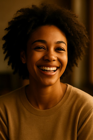Portrait of a smiling woman indoors with warm natural lighting.の素材