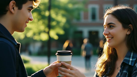 Young man and woman drinking coffee on the street. Close up.の素材