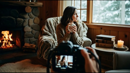 Young woman blogger with cup of tea at home in front of fireplace.の素材