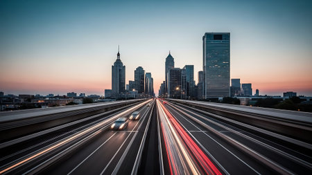 urban traffic with cityscape of charlotte north carolina at sunsetの素材