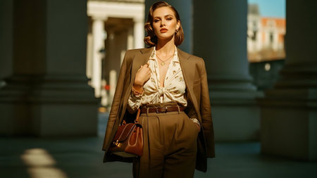 Fashion portrait of a young beautiful woman in a beige suitの素材