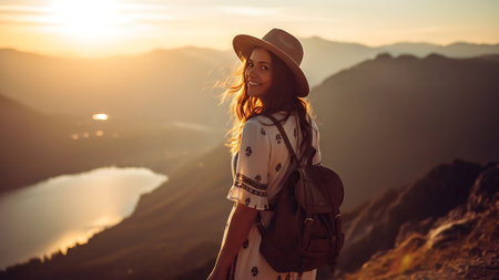 Young woman traveler with backpack and hat standing on top of the mountain and enjoying sunset.の素材