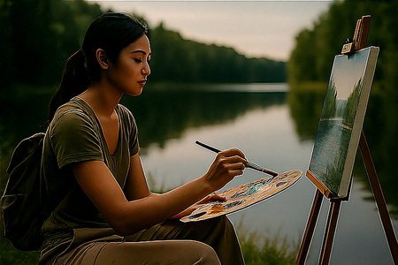 Woman painting on canvas while sitting near a calm lake, inspired by nature and quiet surroundings.の素材