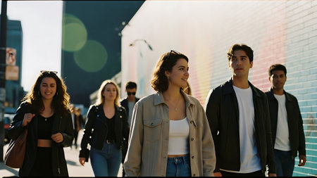 Group of young people walking in the city and looking at the cameraの素材