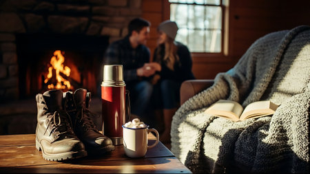 Young couple in love sitting near fireplace and drinking hot tea or coffeeの素材