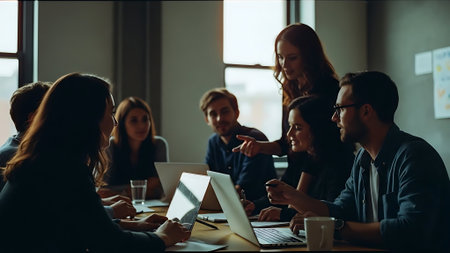 Group of young business people working in modern office. Selective focus.の素材