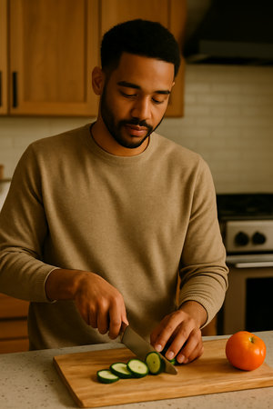 Man standing at kitchen counter preparing a meal indoors.の素材