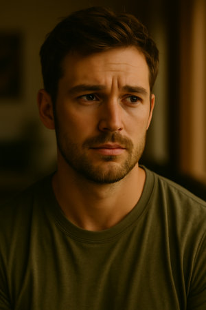 Close-up portrait of a man with serious expression indoors.の素材